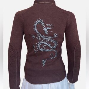 Y2K IISLI brown wool zip cardigan with dragon embroidery NWOT